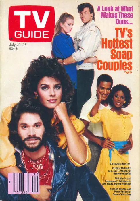 On a beige background with the bright red TV Guide logo in the left upper corner, three young male-female couples are arrayed in a triangle.