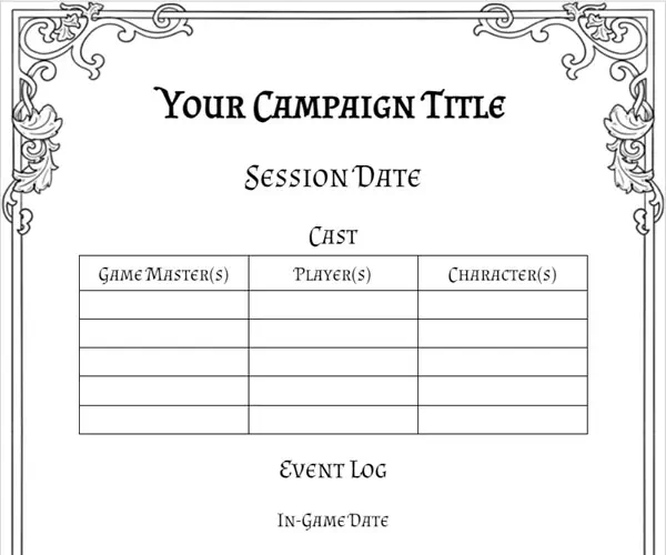 Sample of the Session Template in Black and White