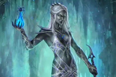A drow woman with white hair and red eyes is dressed in webbing, holding up a glowing blue bottle in her right hand