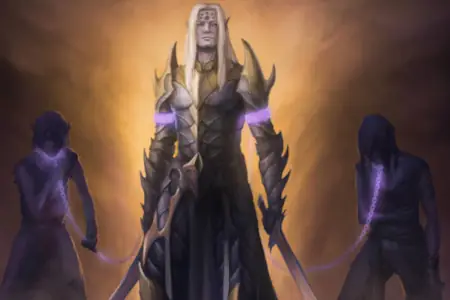 A drow male stands backed by golden light. In the shadows behind him are two dispirited figures with chains around their necks that fasten to bands on his upper arms.