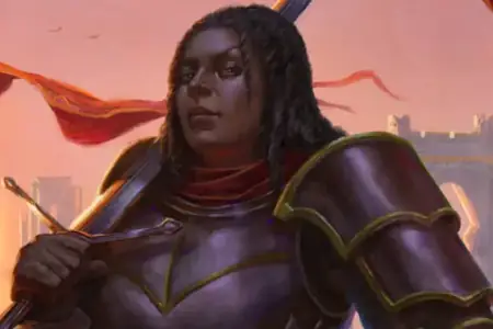 A woman with dusky skin and dark hair holds a long sword over her right shoulder and stares at the viewer with an attitude of challenge.