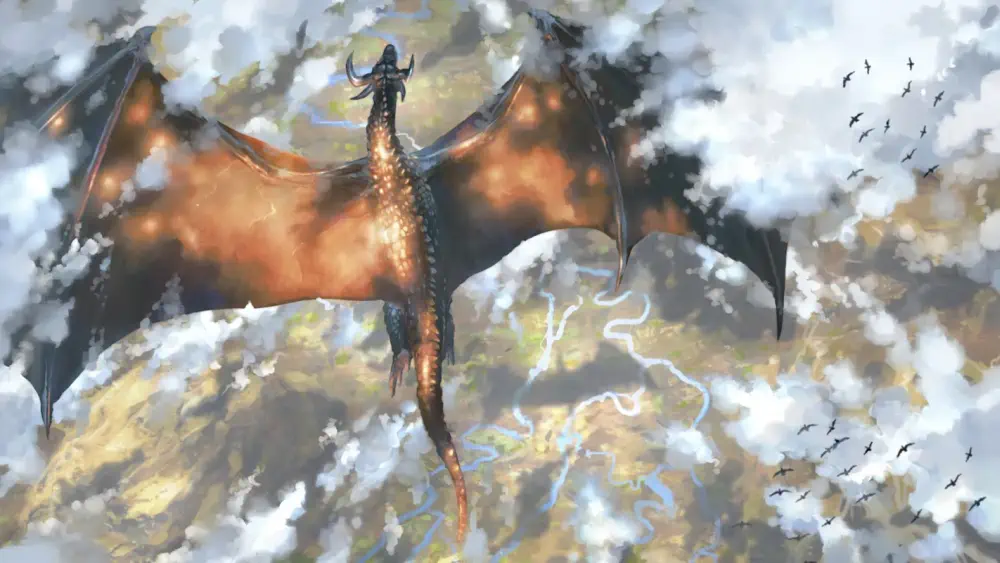 A large brown dragon has both wings extended out at either side while it glides high above a green landscape wound through with rivers.