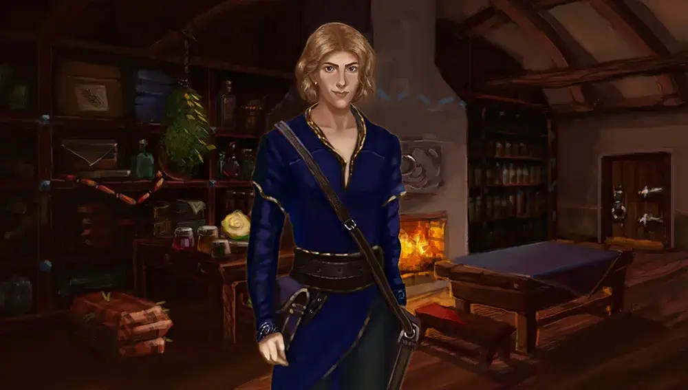 A slender blond man with beige skin and brown eyes stands in a deep blue tunic with gold trim and smiles at the viewer. Behind him, brown wooden shelves full of glass bottles stretch along a wall to either side of a stone fireplace.