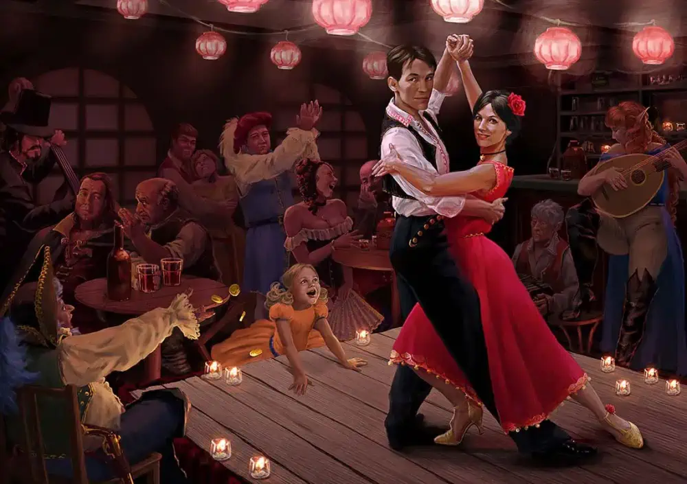 A man in a white shirt, black vest, and blue pants is dancing on a stage with a woman in a red dress with a red flower in her hair. Behind them is a crowded tavern.
