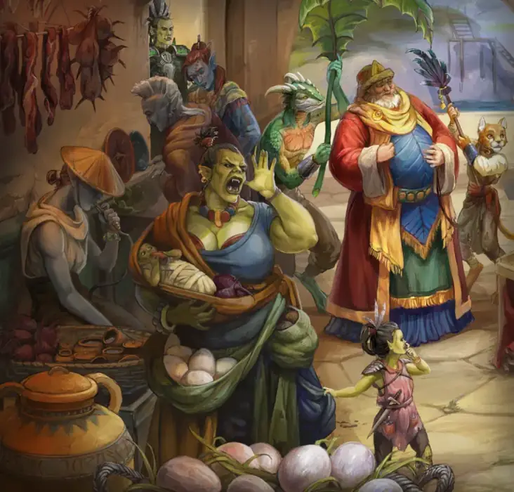 A close-up section of a busy fantasy marketplace where various kinds of humanoids look at goods in market stalls. A rubinesque, green-skinned orc woman with a small baby in one arm and a young girl holding her dress shouts to someone off-screen.