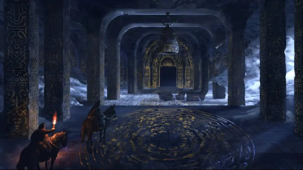 Two humanoid figures riding horses dressed in heavy winter clothes are riding between large pillars engraves with symbols. One holds a lit torch as the other is paused at the edge of an ornate circle of runes drawn on the stone floor.