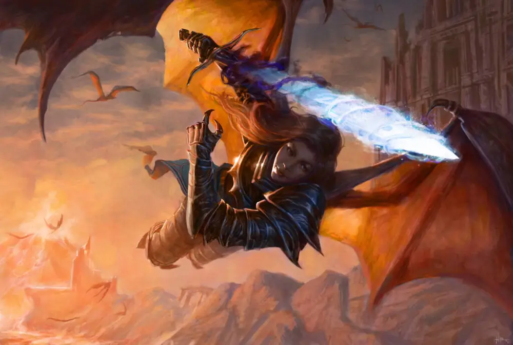 A woman with flowing brown hair is flying in the sky with dragon-like wings as dragons fly behind her. She's in full dark armor and raises a sword glowing light blue in her right hand.