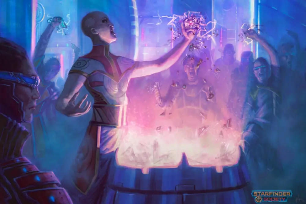 A shouting mob of people bedecked in high-tech visors and other futuristic gear surrounds a figure in body paint and robes with geometric patterns. The figure is speaking and gesturing in an impassioned way with one hand while the other holds up an electronic device over a glowing furnace while crushing it.