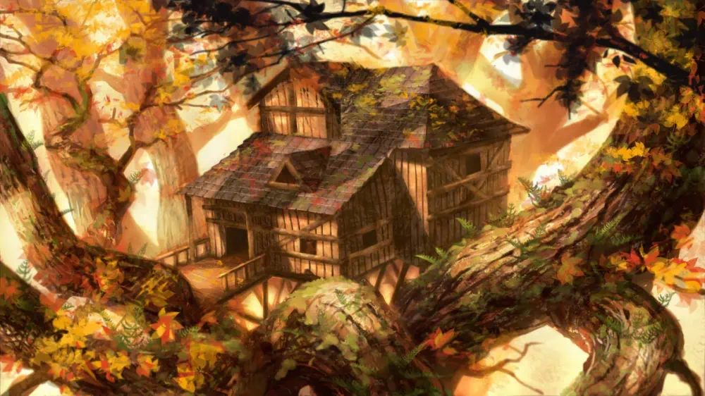 A two-story wood cabin set up among the branches of a large tree, with the whole scene washed in yellow and orange