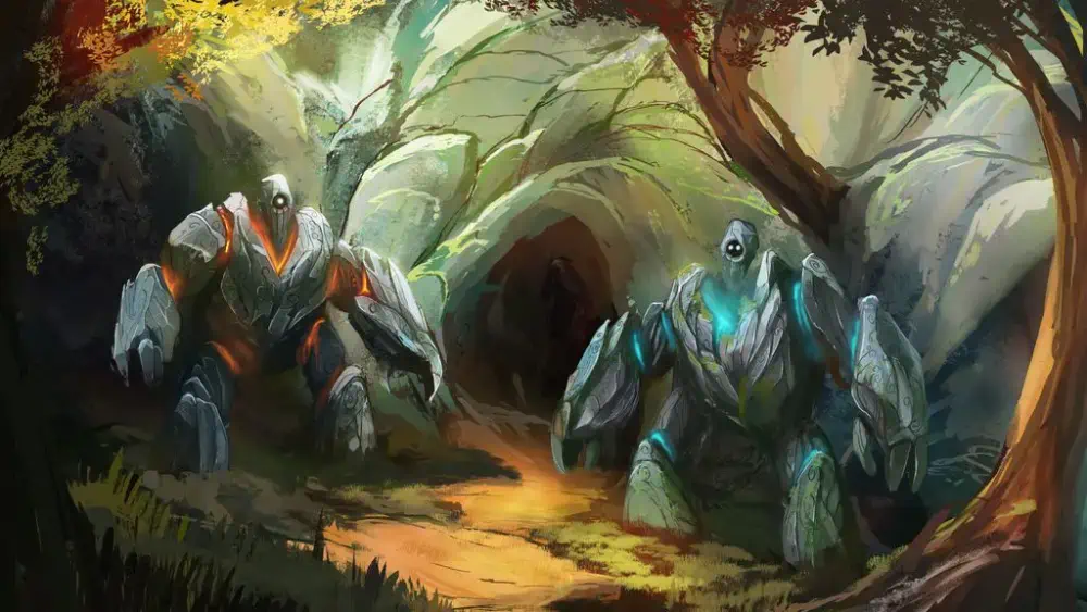 A dark entrance to a cave in a rocky mountain is being guarded by two magical constructs that almost match the gray stone. Each of them is made out of boulders bound together into hulking humanoid shapes by magic. Between the boulders, one glows blue while the other glows orange.