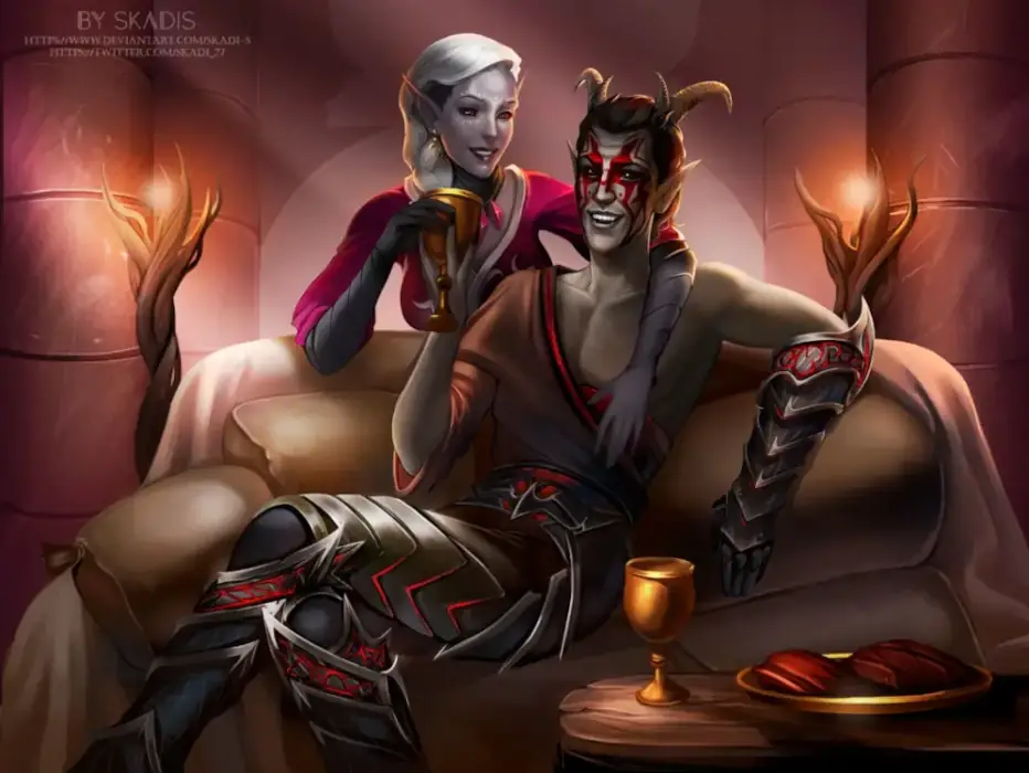 An elfen woman with silver hair and red eyes is draped over the back of a couch. On the couch is a horned man with pointy ears and red decorative face paint. They're both holding a gold chalice and smiling.