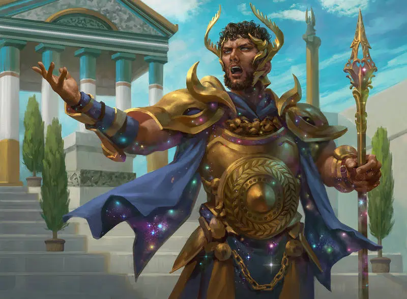 In the background, stone steps lead to a Grecian temple with columns of gold, white, and blue. A man with tawny skin and curly brown hair and beard stands at the front, slightly to the right, his mouth open as he speaks. He wears ornate golden armor and holds a golden spear in his left hand. He gestures out to his side with his right hand.