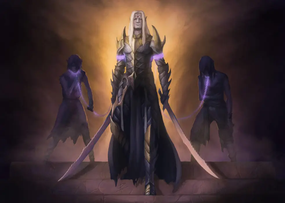 A drow male backed in golden light with mid-length white hair wears armor and holds a sword in each hand as he comes down steps toward the viewer. In the shadows behind him are two dispirited figures with chains around their necks that fasten to bands on his upper arms.