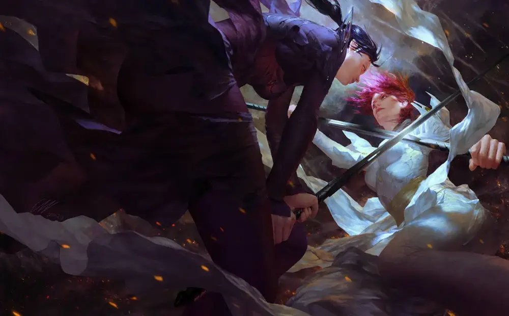 A dark-haired woman dressed in dark purple is in the air, bringing her sword down on the sowrd of a pink-haired woman dressed in white and gold as they lock stares.
