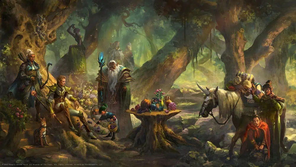 Ten fantasy elves in an array of armor gather around a tree stump in the middle of a forest to share in a ritual. On the stump is a variety of foods.