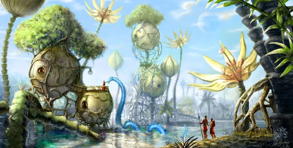 Two human figures dressed in red stand beside a stream. Across from them, round homes growing from stalks and sprouting greenery on their roofs rise up from the water, and a figure in a red cloak pets a blue dragon's head. Giant plants and flowers dot the scene.