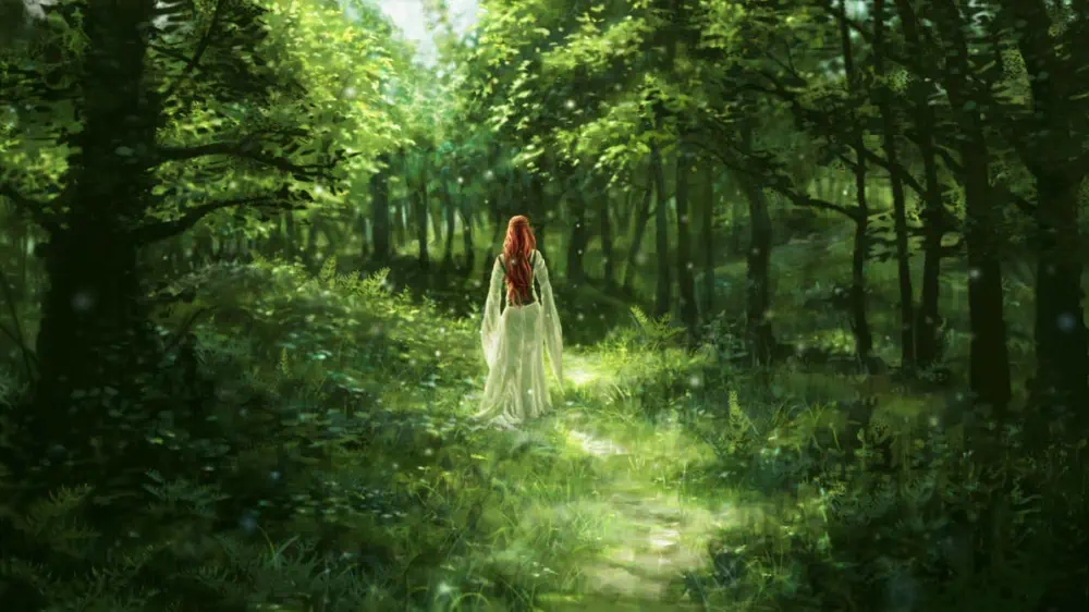 A woman in a white dress with long red hair down her back walks away from the viewer further down a spotty path into a gorgeously green forest