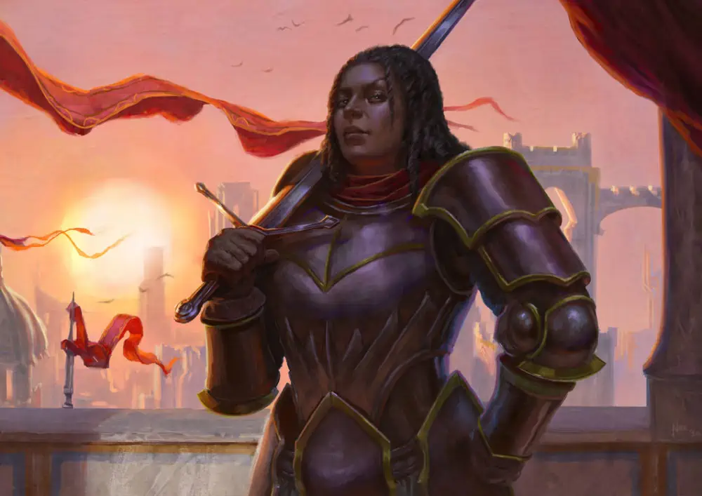 A woman with dusky skin and dark hair stands front and center in silver armor with gold trim. She holds a long sword over her right shoulder and stares at the viewer with an attitude of challenge.