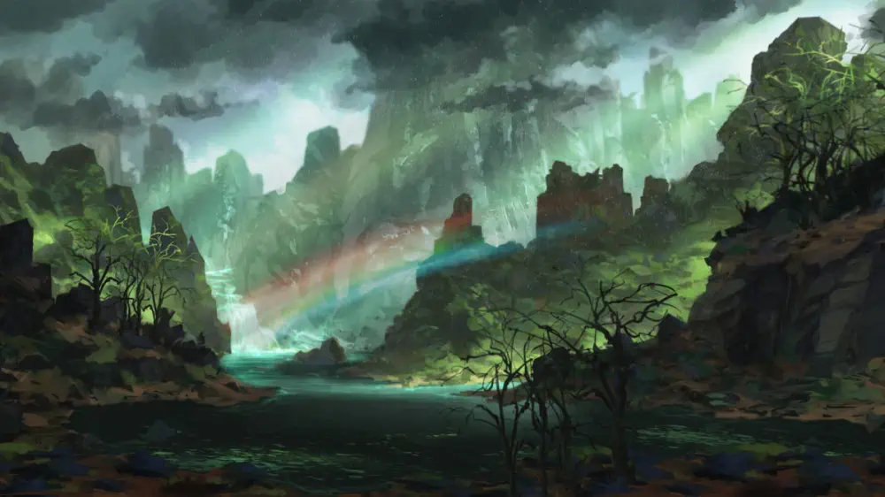 A waterfall empties into a pool amidst green-felted mountains and hills. Cutting above the pool is a rainbow.