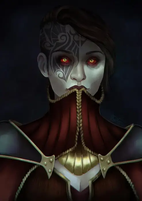 A close-up of a woman's face shows a stylized geometric tattoo over the side of her head, which is shaved, and across the top half of her face. Her golden eyes are surrounded by glowing red as she looks directly at the viewer.