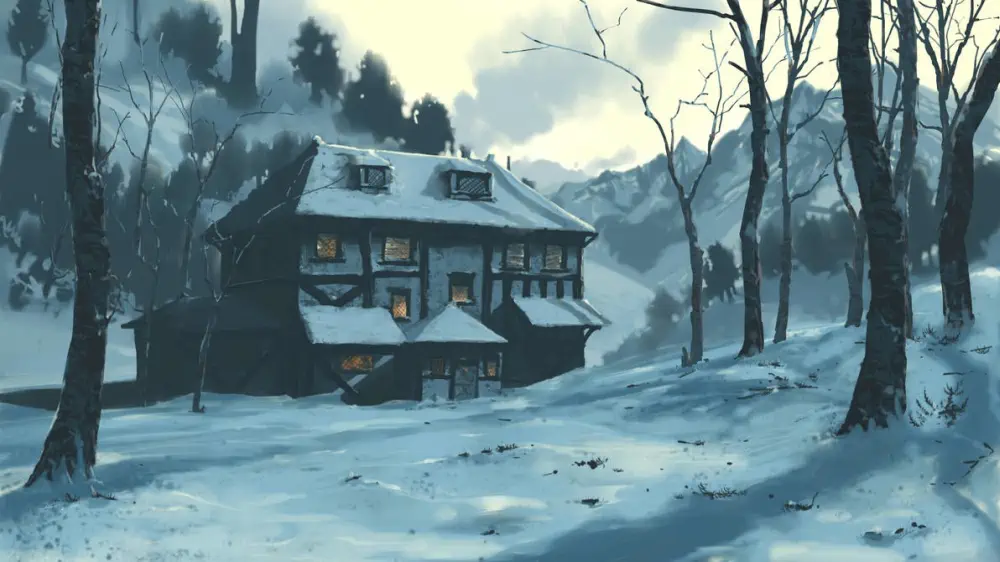 A multi-story medieval-style house has a slanted roof covered in snow. It sits in a forest clearing with denuded trees nearby and thickly snowed hills rising behind it.