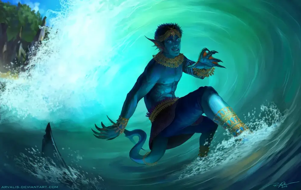 A blue-skinned young man wears ornate gold jewelry around his head, neck, wrists, waist, tail, and lower legs. He has long ears, clawed hands, and a tail and wears a smile as he surfs in the middle of a wave tunnel.