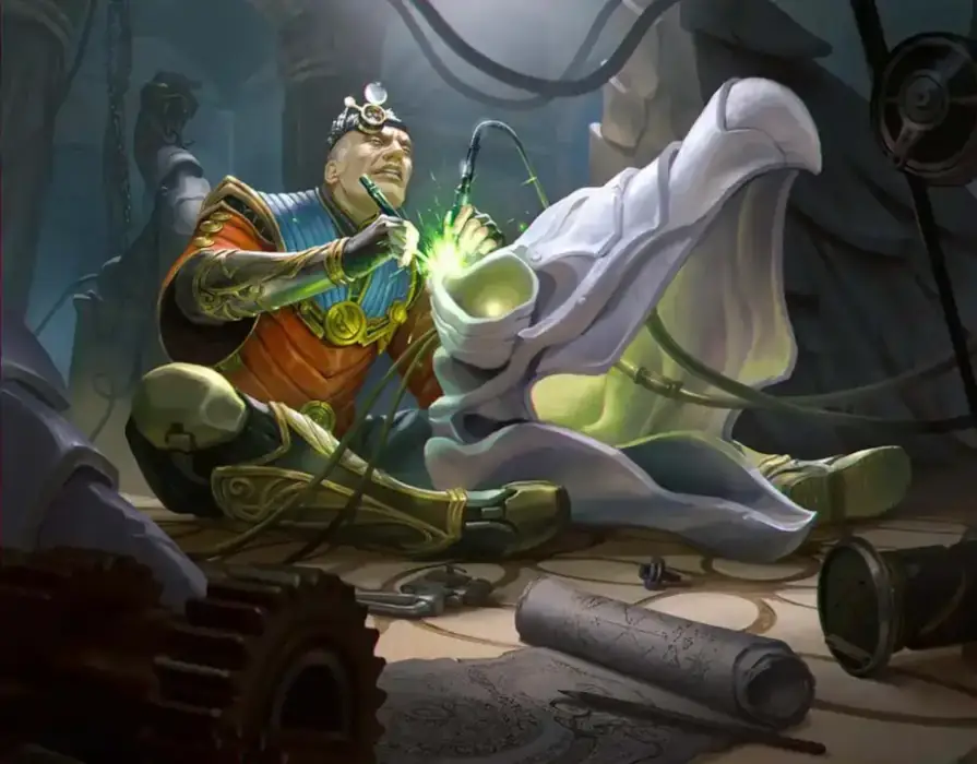 In a dim workshop with large metallic structures in the background, a man in gold, red, and blue armor sits on the floor with his legs bent. Between his feet is a crafted bird-like skull about half as large as he is, and he's working on it with instruments in both hands that give off green sparks.