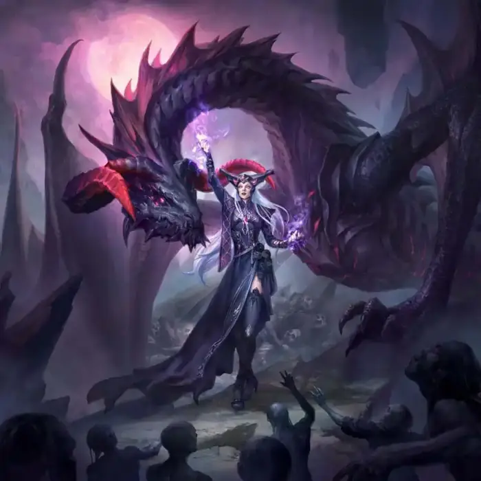 A woman with long white hair and glowing purple hands strides toward zombies below the hill she's on while a dragon rears protectively behind her.