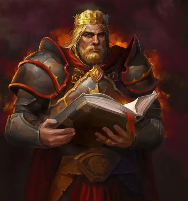 A mature adult man with blond hair glares at the viewer while holding a book open in front of him with both hands. He wears a golden crown and gray armor with red vestments underneath.