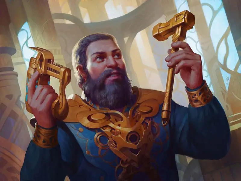 Ornate pillars and multi-story windows loom in the background, diffused with sunlight. In the foreground, a man with dark short hair and a dark beard admires a golden hammer in his right hand while holding a golden apparatus in his left that looks like a high-tech nail gun.