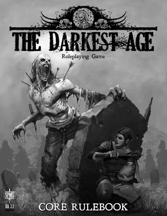 The gray, black, and white cover focuses on a zombie reared up on the far side of a large tombstone, its mouth open and its body riddled with arrows. On the other side, a woman in armor crouches with a mace in her hand.