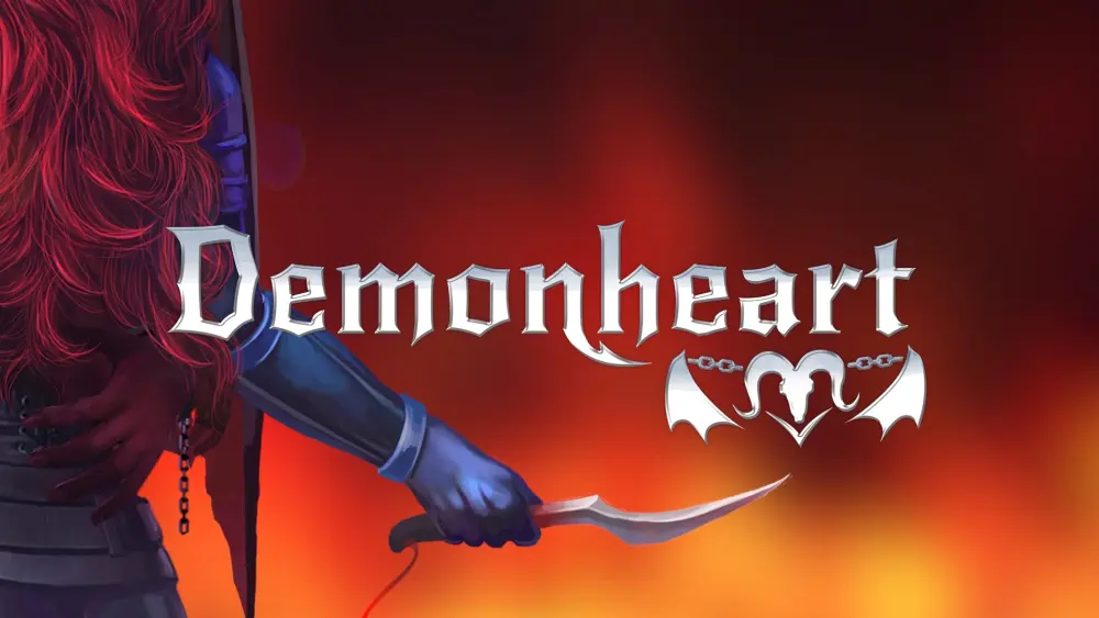 Front and center is the title Demonheart with a demonic logo featuring an animal skull with horns chained bat-like wings, all in silver. Behind and to the left is the back and waist of a woman with red wavy hair that flows to her midsection. A red hand from a person unseen is at her waist, and held out to her right is a dagger. In the background are muted flames.