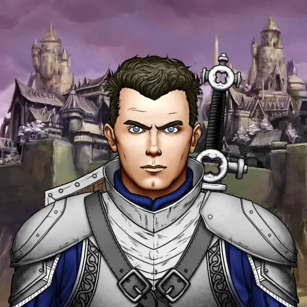 A young man with creamy skin, brown hair, and blue eyes stands in gray armor before a fantasy city that rises behind a tall defensive wall.